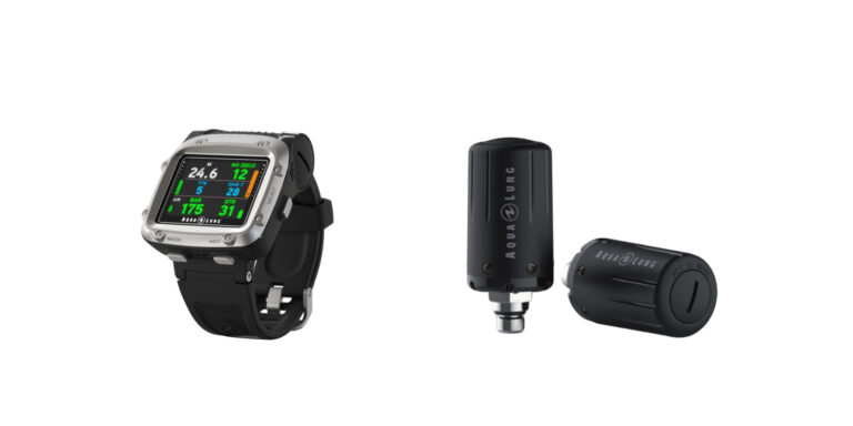 Montre de plongée Aqua Lung et émetteur, équipements essentiels pour explorations sous-marines.
