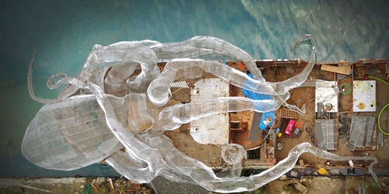 Installation artistique inspirée du monde sous-marin, représentant une créature marine géante.