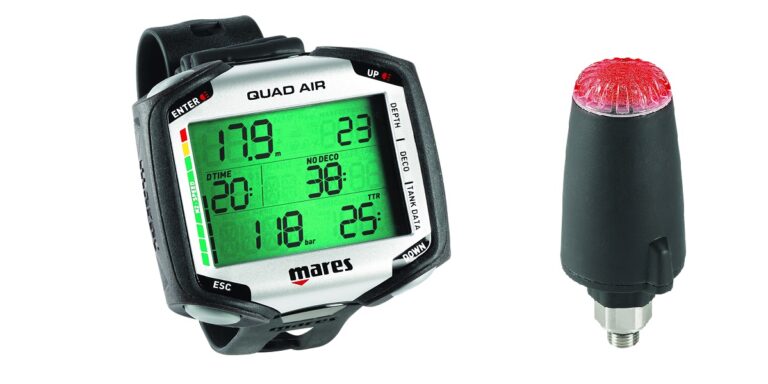 Ordinateur de plongée Mares Quad Air et émetteur, essentiel pour les plongeurs sous-marins.