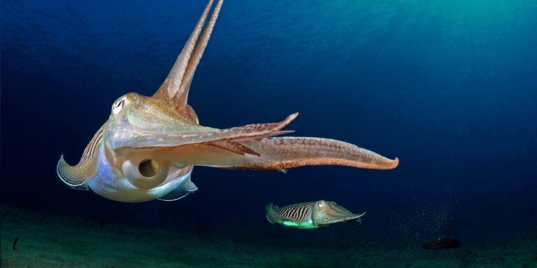 Deux seiches évoluant dans un océan profond, illustrant la biodiversité marine fascinante.