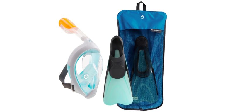 Équipement de snorkeling : masque intégral et palmes pour explorer le monde sous-marin.
