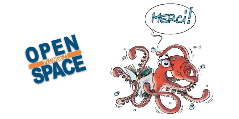 Octopus lisant un livre sous l'eau, symbole de la vie marine et de la curiosité.