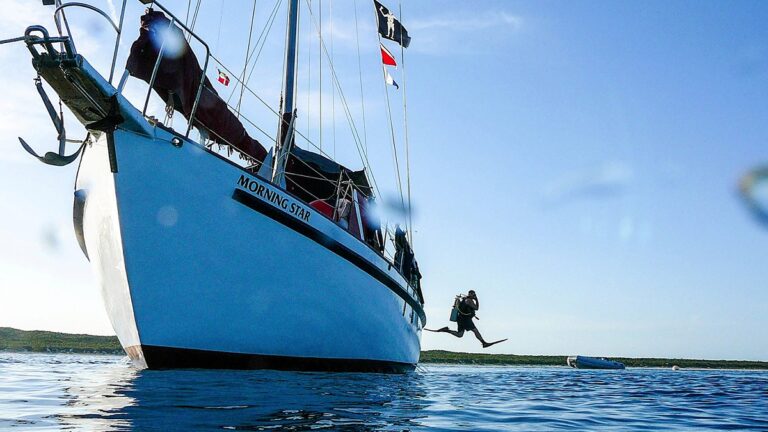 Plongée sous-marine depuis un voilier, exploration des merveilles aquatiques et de la biodiversité.