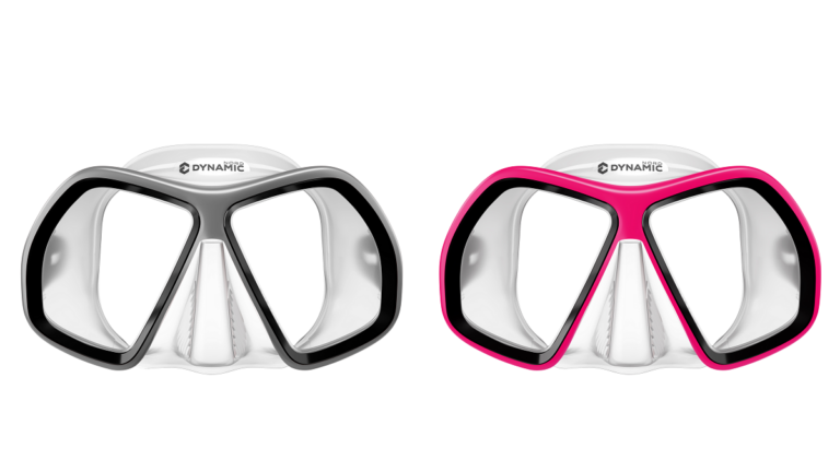 Masques de plongée modernes en noir et rose pour explorer le monde sous-marin.