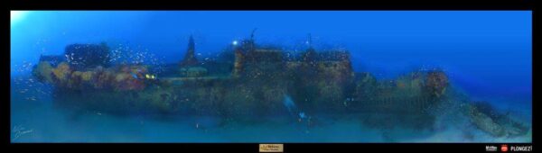 Donator Panoramique RVB logo L'épave du Donator, joyau sous-marin, attire les plongeurs avec sa riche biodiversité et son histoire fascinante. #Plongée