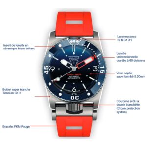 Montre de plongée robuste en titane avec lunette en céramique, idéale pour explorer les profondeurs marines. Mot-clé : exp...