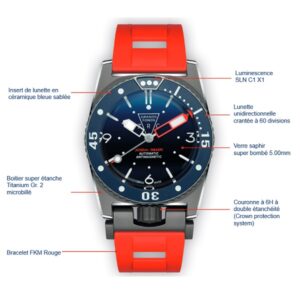 zrc plongz microbille Montre de plongée en titane microbillé, étanche à 3000m, avec lunette en céramique et bracelet FKM rouge pour les explorat...
