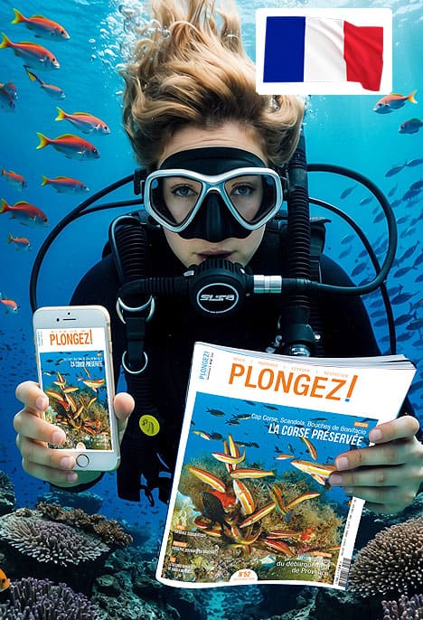 Sous l'eau, une plongeuse explore les récifs coralliens tout en lisant "Plongez!", combinant aventure et découverte marine.