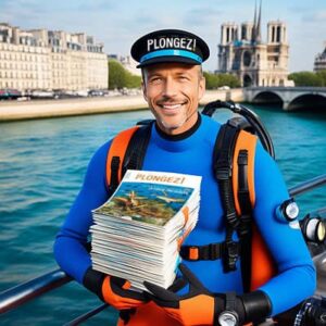 Un plongeur souriant en combinaison tient des magazines "Plongez!" devant Notre-Dame, symbole d'aventure urbaine et marine.