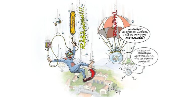 Un plongeur confus découvre l'importance du parachute pour une descente maîtrisée lors de la plongée sous-marine. 🌊