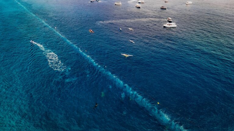 Des bateaux flottent paisiblement au-dessus d'une barrière de corail, offrant un spectacle marin captivant pour les amateu...