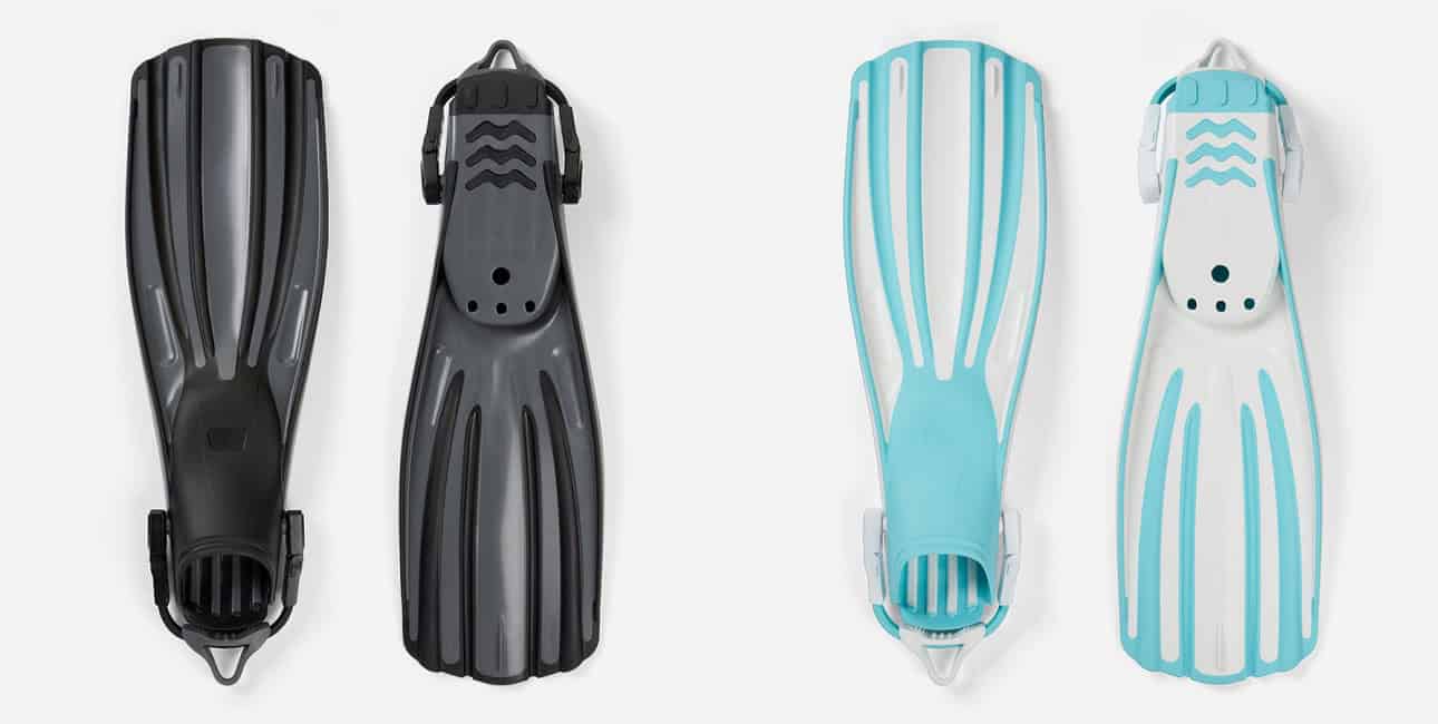 Ces palmes bicolores, idéales pour l'exploration sous-marine, allient performance et confort pour les passionnés de plongée.