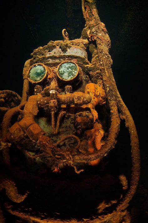 Old compressor aka r2d2 inside the fujikawa maru world war ii ship wreck in micronesia truk lagoon