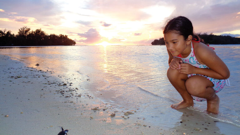 Une enfant observe une tortue marine sur une plage au coucher du soleil, illustrant la beauté fragile de l'écosystème côtier.