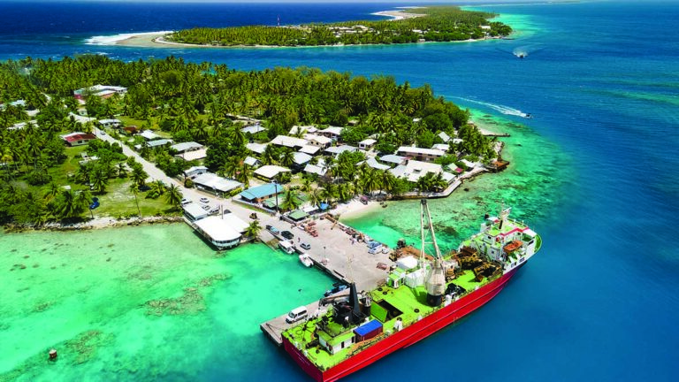 Un cargo vibrant accoste sur une île paradisiaque, entourée d'eaux turquoise idéales pour la plongée sous-marine.