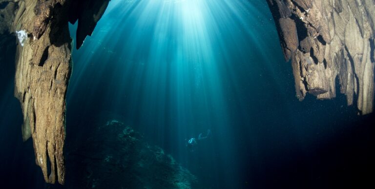 Un plongeur explore un cénote majestueux, baigné par des rayons de lumière, révélant la magie cachée du monde sous-marin.