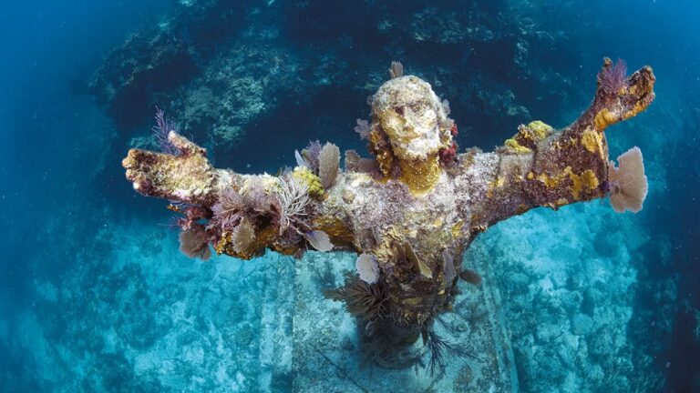 Une statue immergée, recouverte de coraux, offre un spectacle fascinant pour les plongeurs dans les eaux des Keys en Floride.