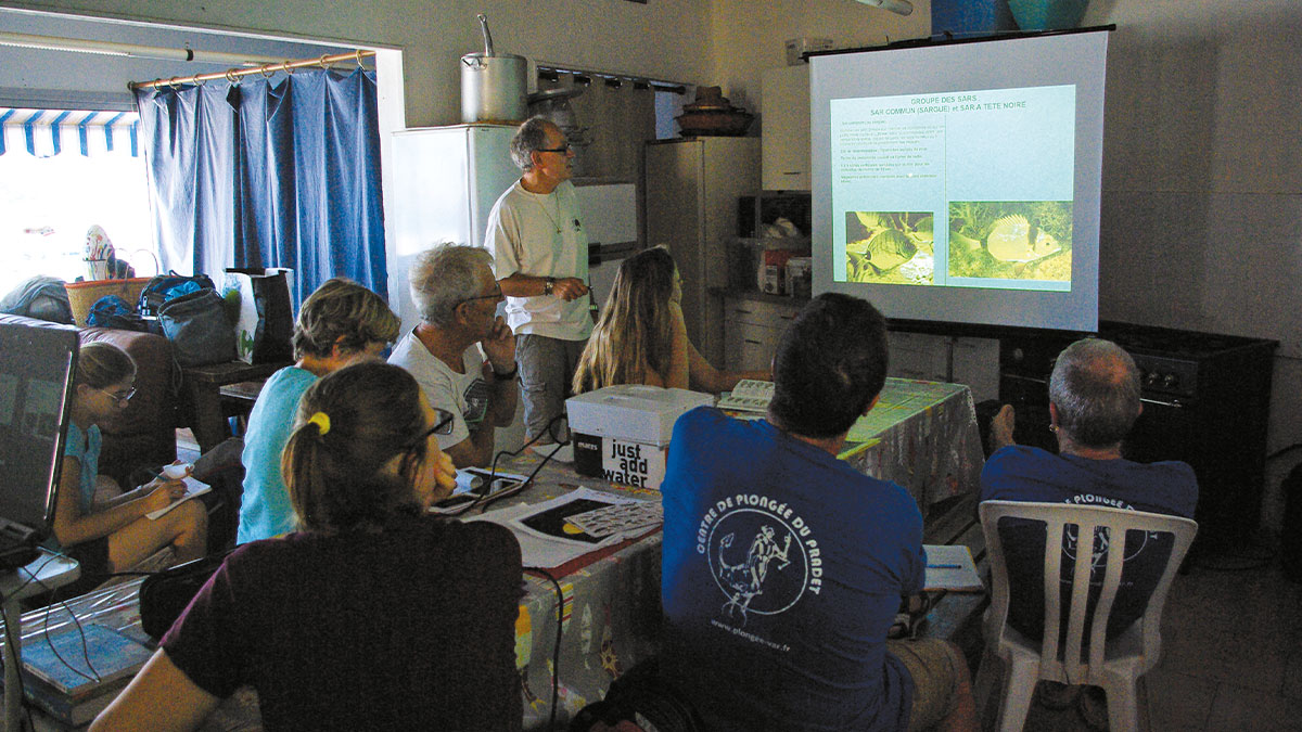 Un groupe de plongeurs assiste à une présentation sur la faune marine, renforçant leurs connaissances pour des exploration...