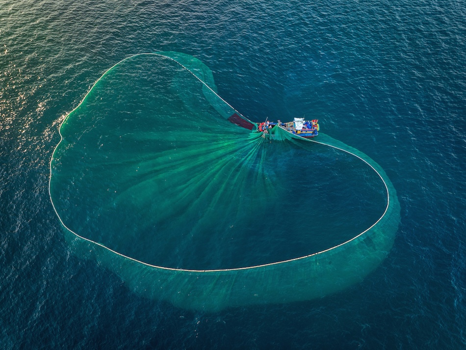 Drone view a fishing boat is netting anchovies on nha trang sea nha trang city, khanh hoa province, central vietnam