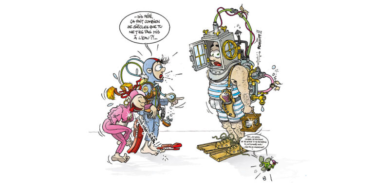 Un plongeur en scaphandre rétro suscite l'étonnement de deux enfants modernes, illustrant l'évolution de l'équipement de p...
