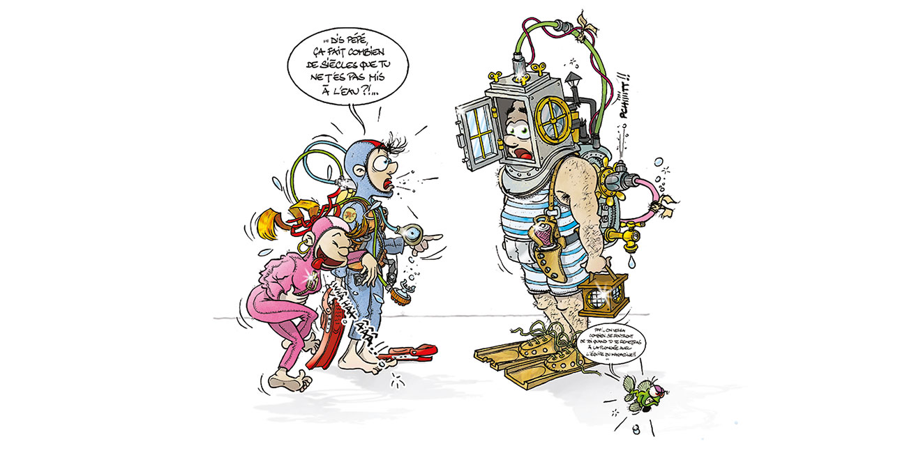 Un plongeur en scaphandre rétro suscite l'étonnement de deux enfants modernes, illustrant l'évolution de l'équipement de p...