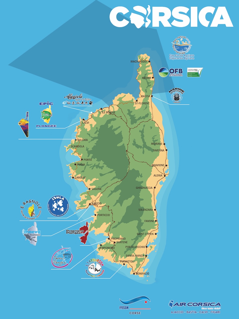 Carte de plongée en Corse : sites, formations, événements et équipements pour plongeurs.