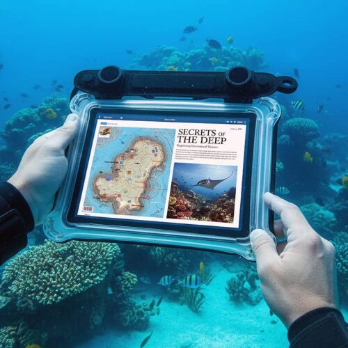 abonnement-digital Tablette sous-marine montrant une carte pour explorer les merveilles de la plongée.