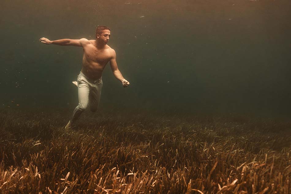 Un plongeur évolue dans une prairie sous-marine, explorant la beauté des fonds marins.