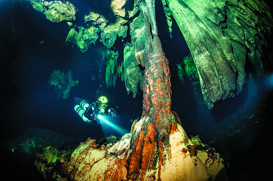 Un plongeur explore une grotte sous-marine ornée de formations rocheuses fascinantes et colorées.