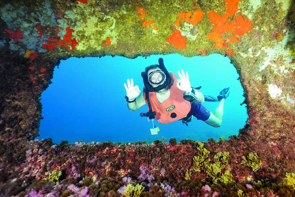 Plongeur explorant un récif coloré à travers une ouverture sous-marine captivante.